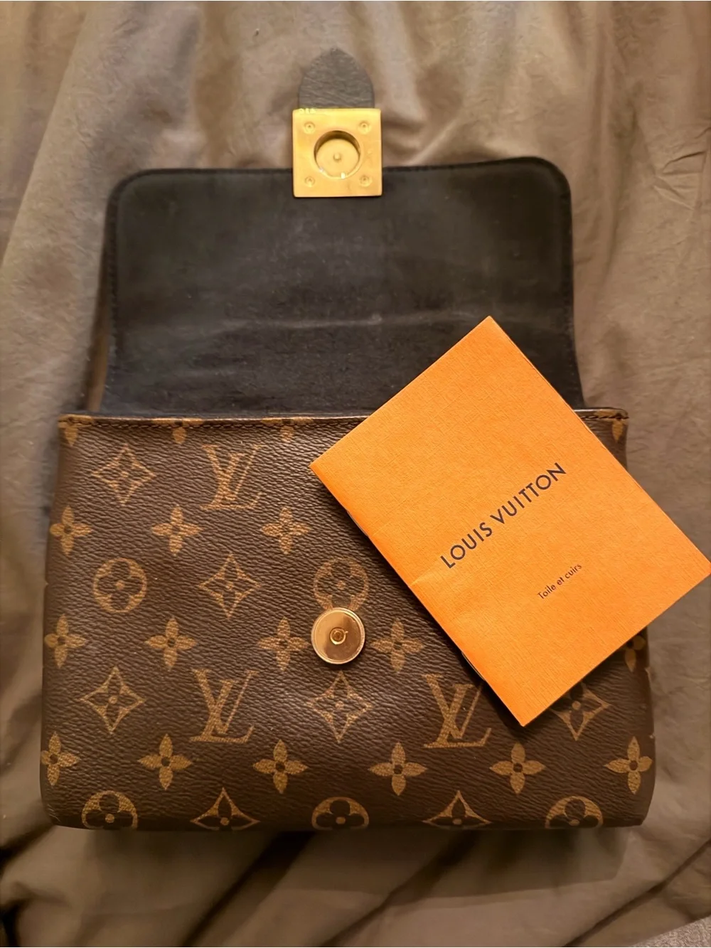 Louis Vuitton Brown Monogram Satchel with Black Flap and Gold Lock